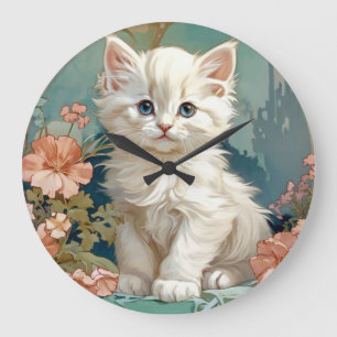 Alphonse Mucha Style White Cat Large Clock