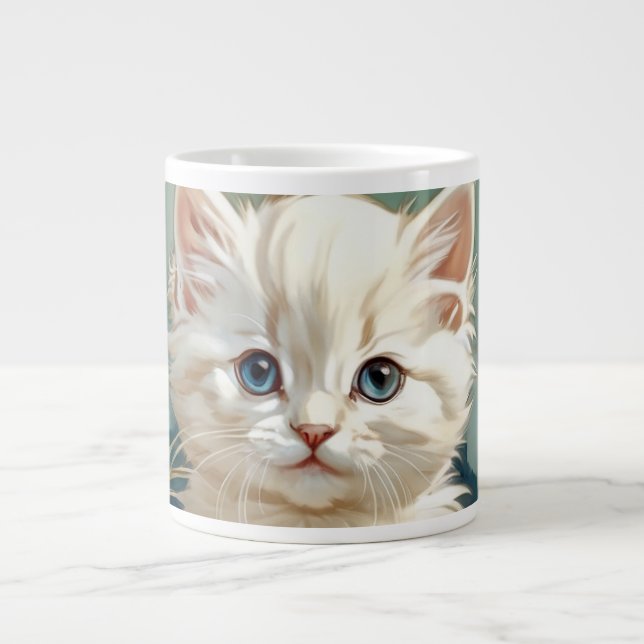 Alphonse Mucha Style White Cat Large Coffee Mug (Front)