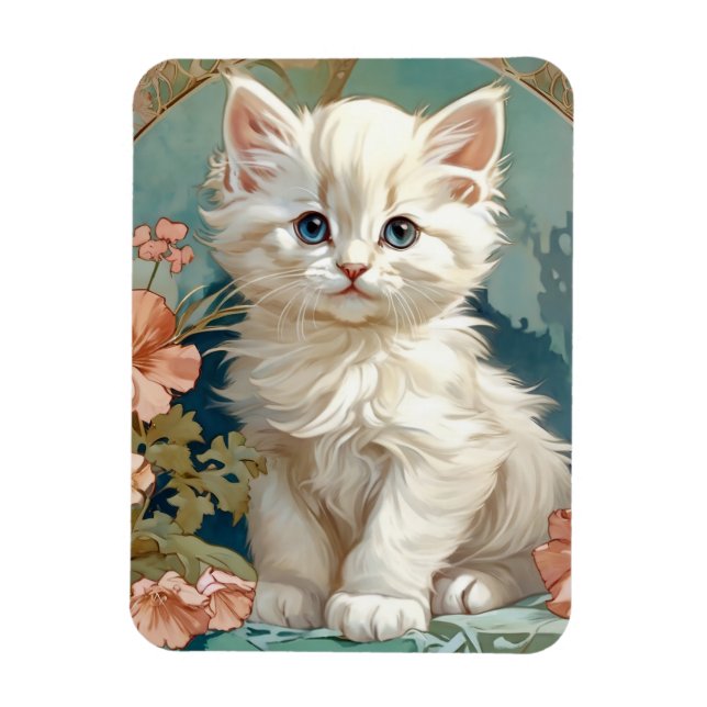 Alphonse Mucha Style White Cat Magnet (Vertical)