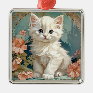Alphonse Mucha Style White Cat Metal Tree Decoration