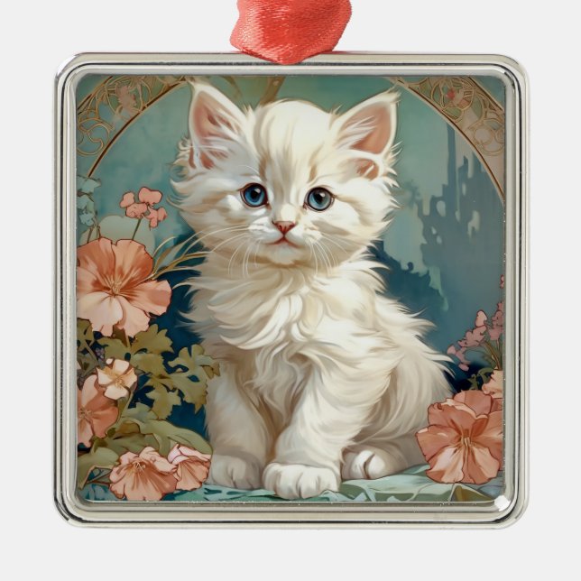 Alphonse Mucha Style White Cat Metal Tree Decoration (Front)