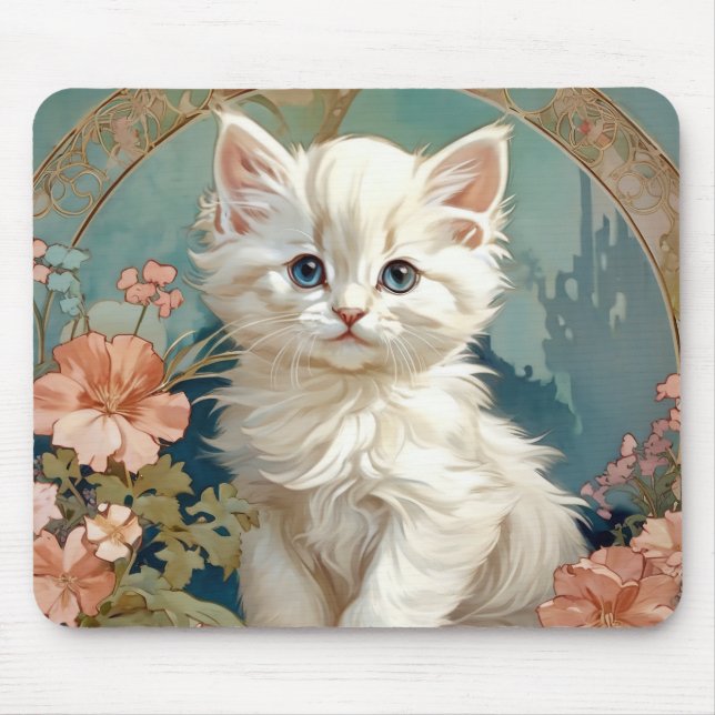Alphonse Mucha Style White Cat Mouse Mat (Front)