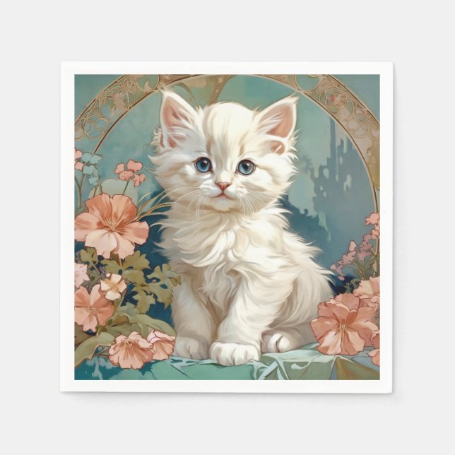 Alphonse Mucha Style White Cat Napkin (Front)