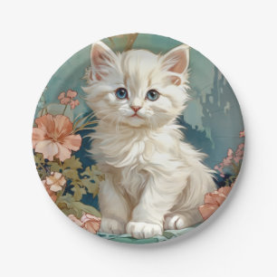 Alphonse Mucha Style White Cat Paper Plate