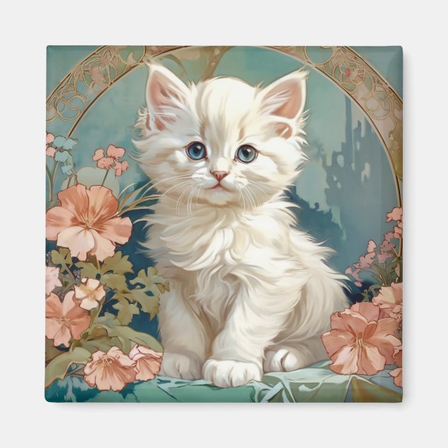 Alphonse Mucha Style White Cat, Persian kitten art Magnet (Front)