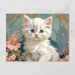 Alphonse Mucha Style White Cat Postcard