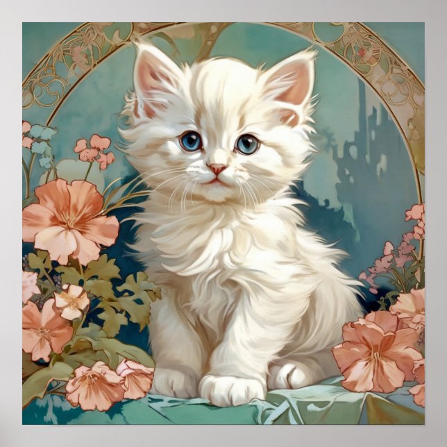 Alphonse Mucha Style White Cat Poster (Front)
