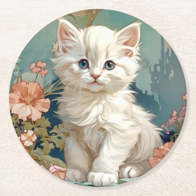 Alphonse Mucha Style White Cat Round Paper Coaster (Front)