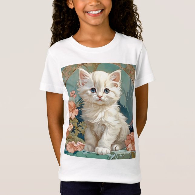 Alphonse Mucha Style White Cat T-Shirt (Front)