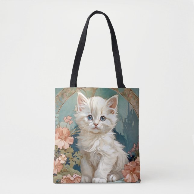 Alphonse Mucha Style White Cat Tote Bag (Front)