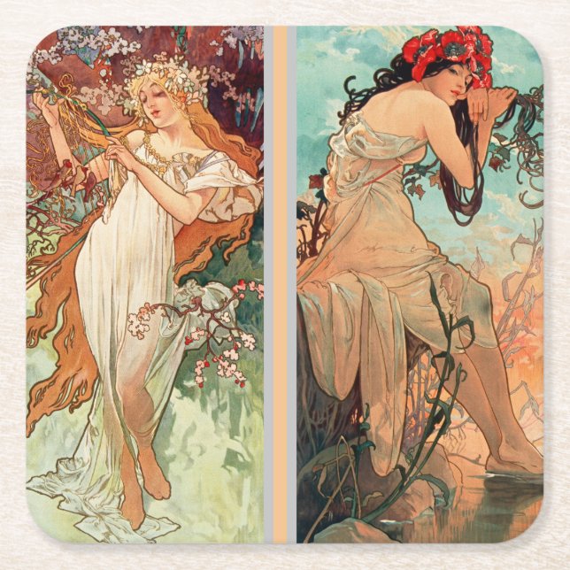 Alphonse Mucha, The Four Seasons (1896)  Square Paper Coaster (Front)