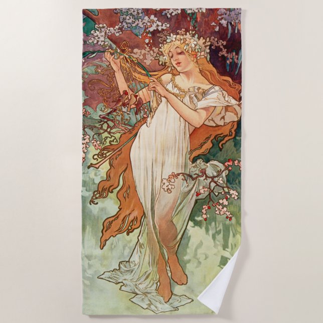 Alphonse Mucha, The Seasons (1896) Spring Beach Towel (Front)