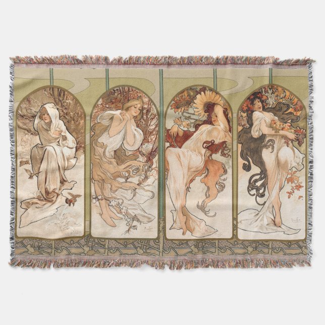 Alphonse Mucha The Seasons 1897 Art Nouveau Throw Blanket (Front)
