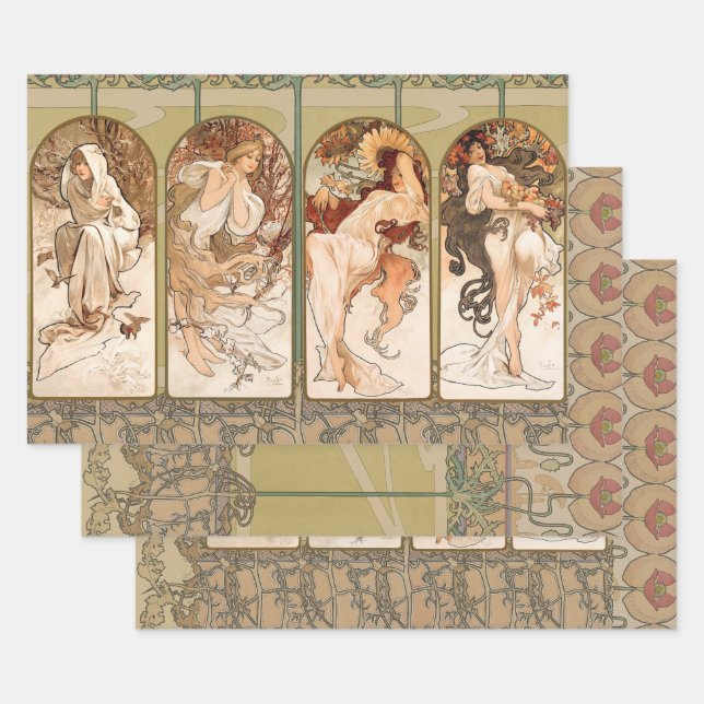 Alphonse Mucha The Seasons 1897 Art Nouveau Wrapping Paper Sheet (Set)