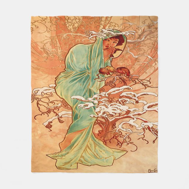 Alphonse Mucha, Vintage Beauty, Custom Fleece Blanket (Front)