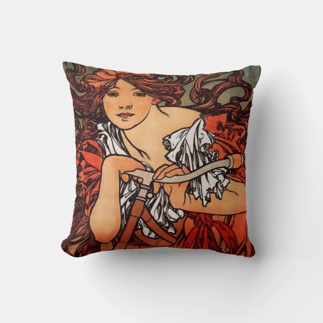 Alphonse Mucha Vintage Bicycle Pillow (Front)