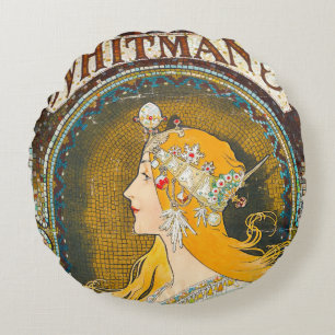 Alphonse Mucha Vintage Whitman's Ad Round Cushion