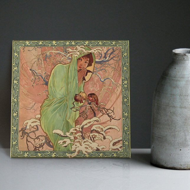 Alphonse Mucha Winter Season Art Nouveau Vintage Tile (Creator Uploaded)