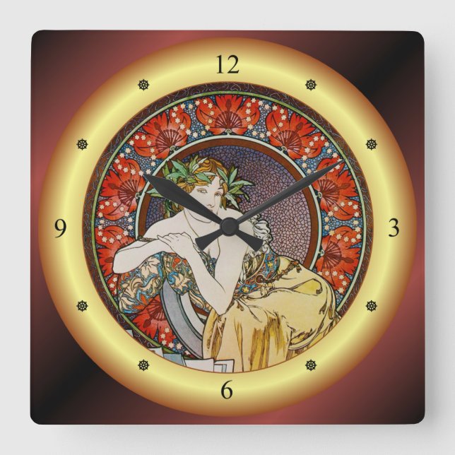 Alphonse Mucha~Woman W/Poppies~Salon des Cent ~ Square Wall Clock (Front)