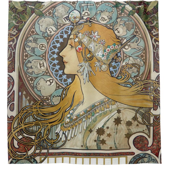 Alphonse Mucha Zodiac Restored Shower Curtain (Front)