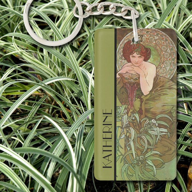 Alphonse Mucha's Precious Stones Emerald Key Ring (Art Nouveau illustration by Alphonse Mucha.  Small enough to carry in your pocket.  Great gift idea.)