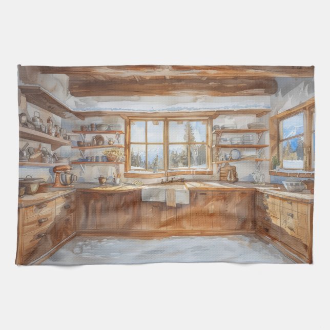 Alpine Chalet Kitchen with Snowy Mountain View Tea Towel (Horizontal)