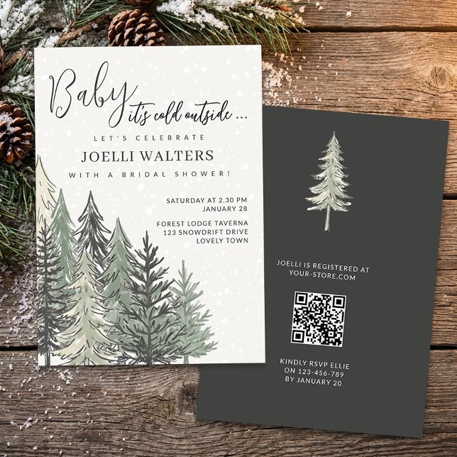 Alpine Chic Winter Trees Bridal Shower Invitation (Baby it's Cold Outside Snowy Forest Winter Bridal Shower Invitation by Darling & May)