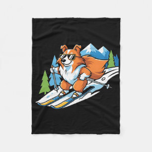 Alpine Corgi On Skis Cool Sungles Winter Scene  Fleece Blanket