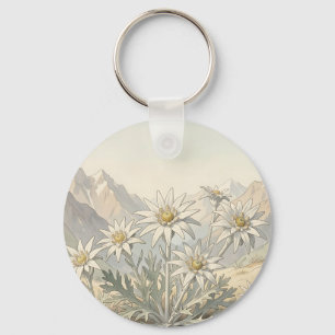Alpine Edelweiss Flowers Mountain Landscape Key Ring