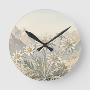 Alpine Edelweiss Flowers Mountain Landscape Round Clock