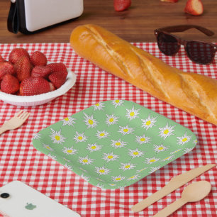 Alpine Flower Motif Light Green Square Paper Plate