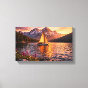 Alpine Lake Sunset Sailboat Canvas Wall Art Mounta
