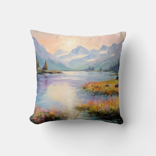 Alpine Lake Wilderness In Oil-Painted Fine Art Cushion (Front)