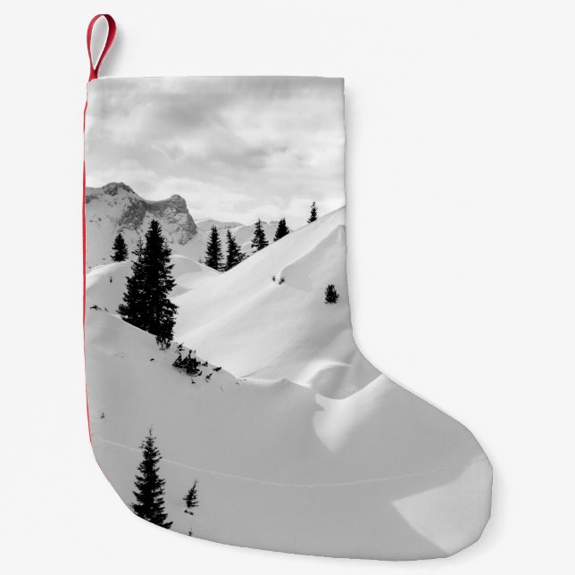Alpine Landscape: Snowy Fir Trees Mountains Small Christmas Stocking (Front)