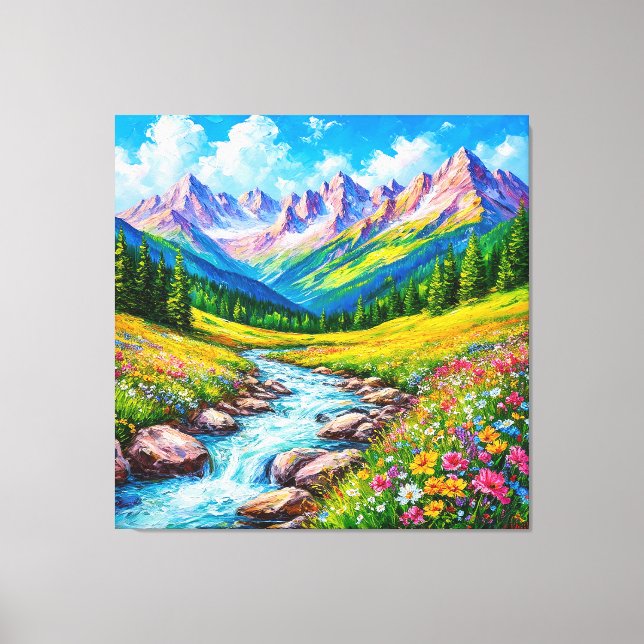 Alpine Landscape with Blooming Wildflowers Canvas Print (Front)