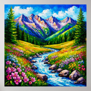 Alpine Landscape with Blooming Wildflowers Poster