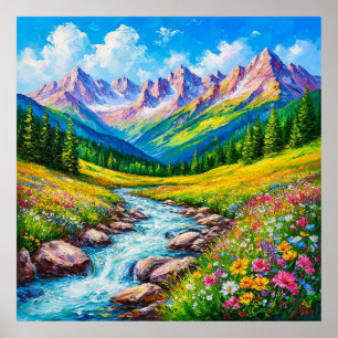 Alpine Landscape with Blooming Wildflowers Poster