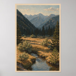 Alpine Meadow Stream and Mountain Ridge Poster