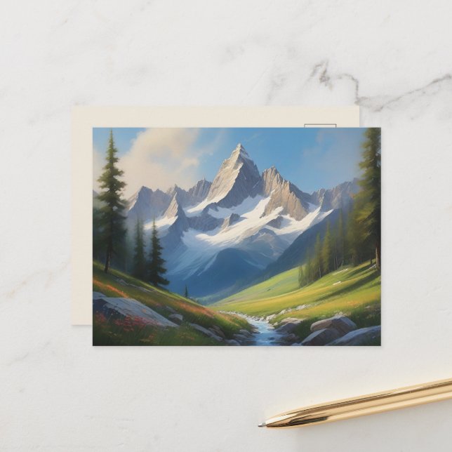Alpine Mountain Landscape Watercolor Art Postcard (Front/Back In Situ)