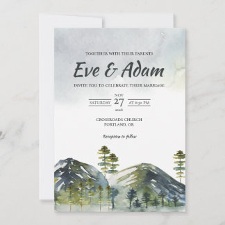 Alpine Mountain Pine Fog Watercolor Winter Wedding Invitation