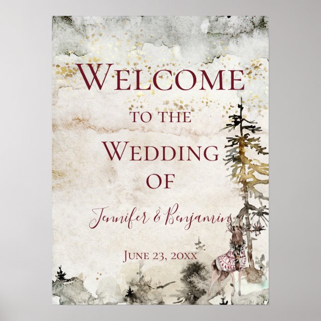 Alpine Mountain Stag Burgundy Welcome Wedding | Poster (Front)