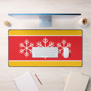 Alpine Nordic Snowflakes Bright Red Yellow Stripes Desk Mat