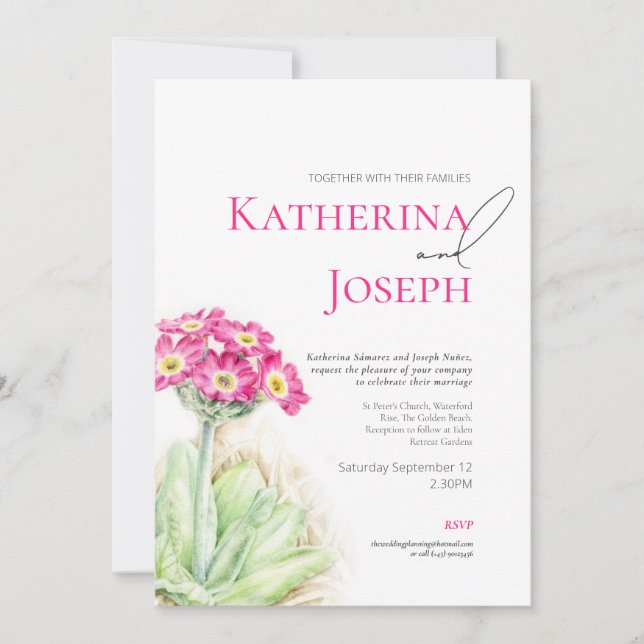 Alpine primrose watercolor pink photo wedding  invitation (Front)
