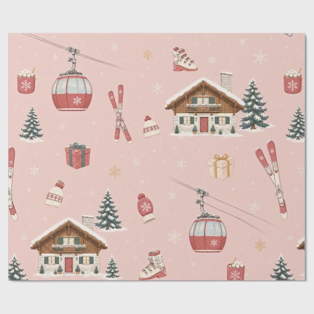 Alpine Ski Christmas Blush Wrapping Paper (Flat)