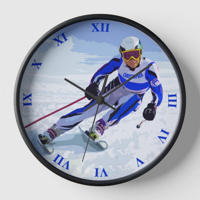 Alpine Skier In Blue With Your Name Drawing Clock (Front)