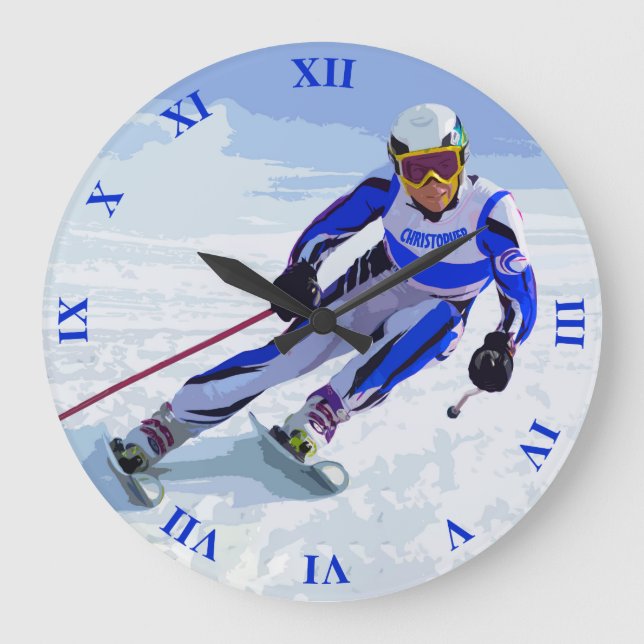 Alpine Skier In Blue With Your Name Drawing Large Clock (Front)