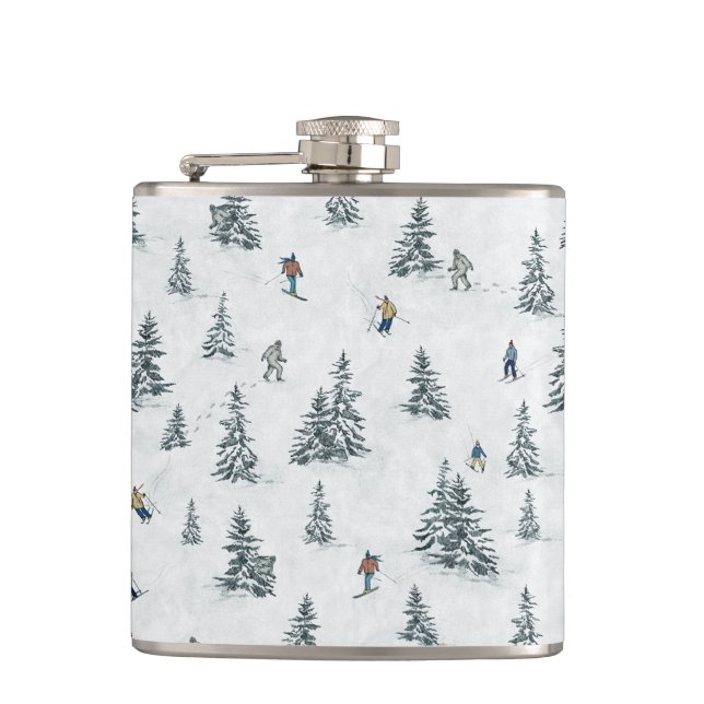 Alpine Skiers and Hidden Yetis - Downhill Skiing  Hip Flask (Front)