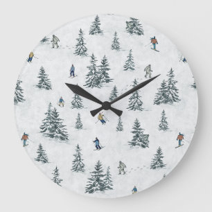 Alpine Skiers and Hidden Yetis - Downhill Skiing  Large Clock