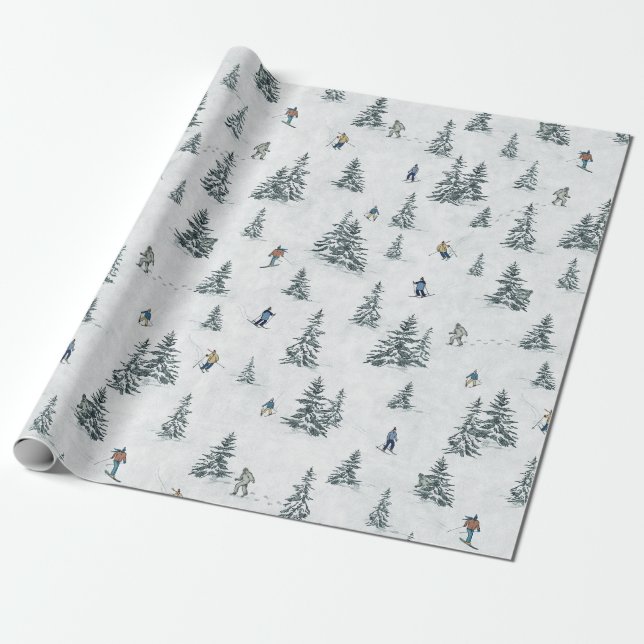 Alpine Skiers and Hidden Yetis - Downhill Skiing  Wrapping Paper (Unrolled)