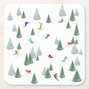 Alpine Skiers Downhill Skiing Illustration Square Paper Coaster